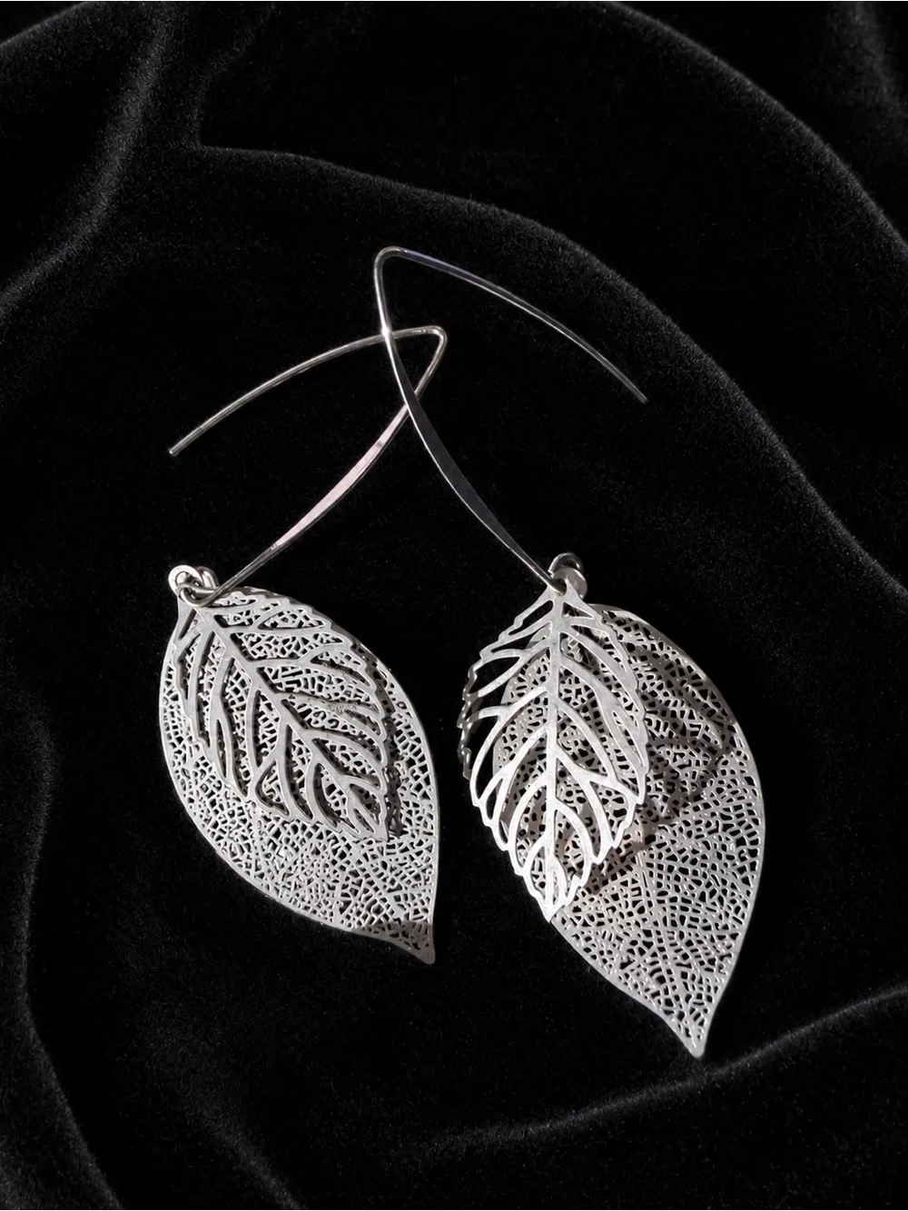 Silver Double Leaf Dangle Earrings